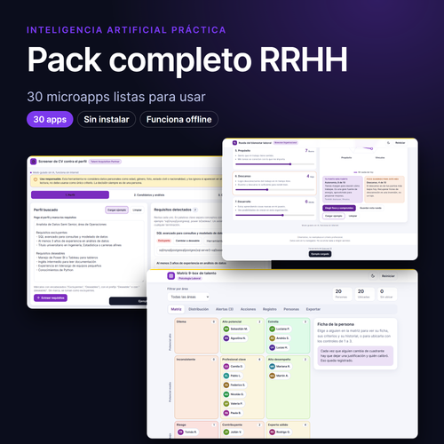 Portada del pack completo RRHH con 30 microapps para selección, psicología laboral y bienestar organizacional